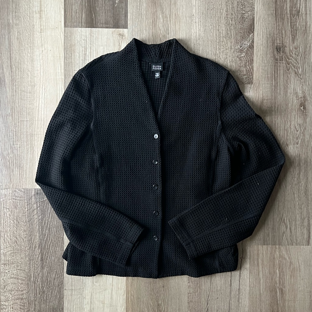 Eileen Fisher Black Italian Fabric Waffle Knit Cardigan Sweater Size Large